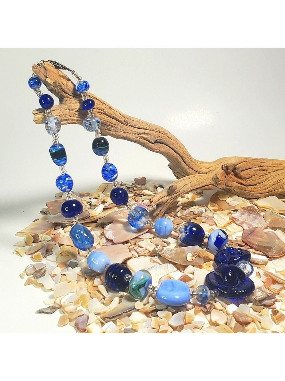 VINTAGE Glass Large Multi Shaped Beaded Necklace in Hues of Blue